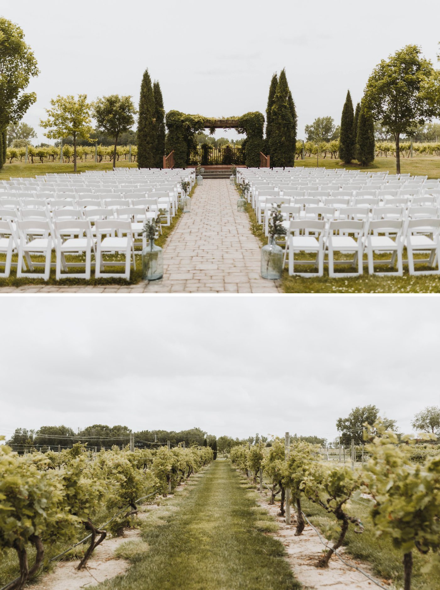One hundred white folder chairs set up in front of the pergola at Moonlight Ridge Vineyards in Grand Island, Nebraska