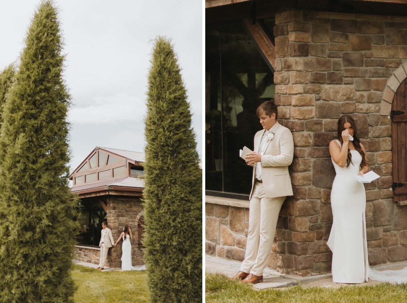 A bride and groom stand around a corner from each other, reading vows and holding hands