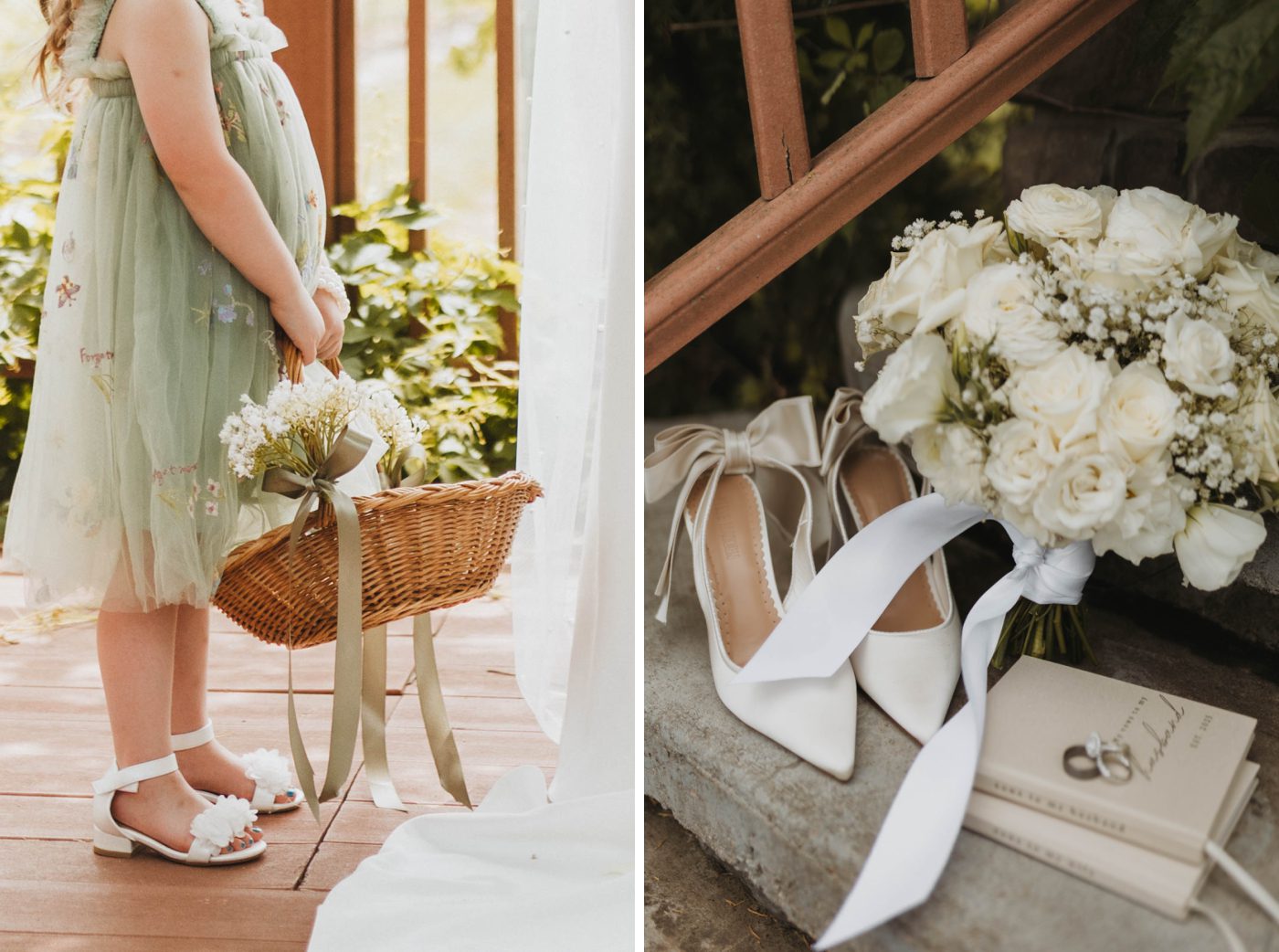 A flower girl in a sage green dress holds a basket full of flower petals