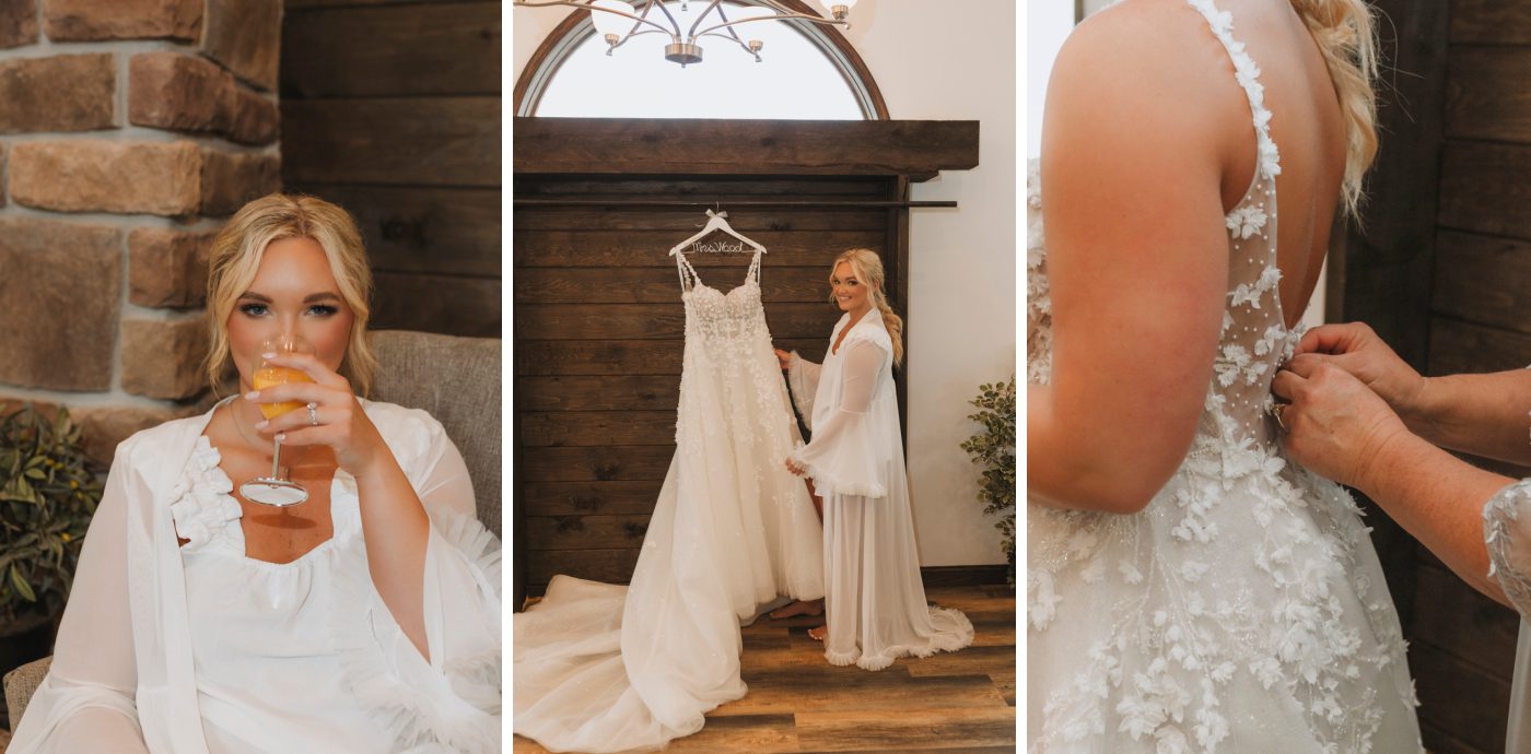 A bride sips a mimosa while getting into her wedding dress at Moonlight Ridge Vineyard