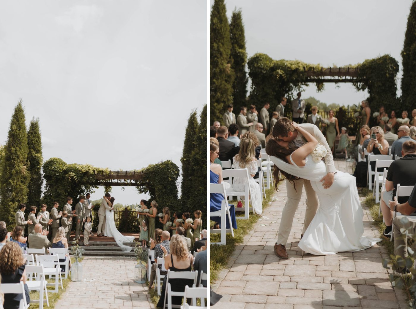 A groom dips the bride after their wedding ceremony beneath a pergola