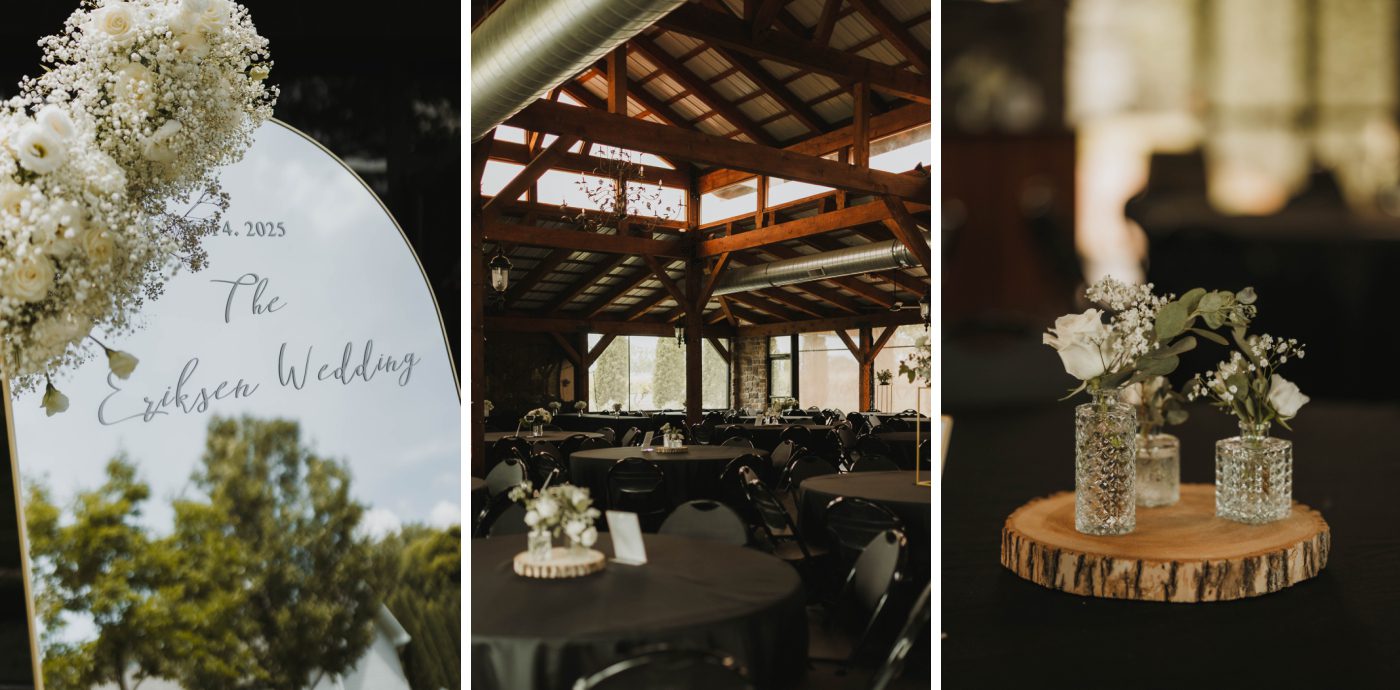 A large open-air pavilion wedding reception space with black, round tables