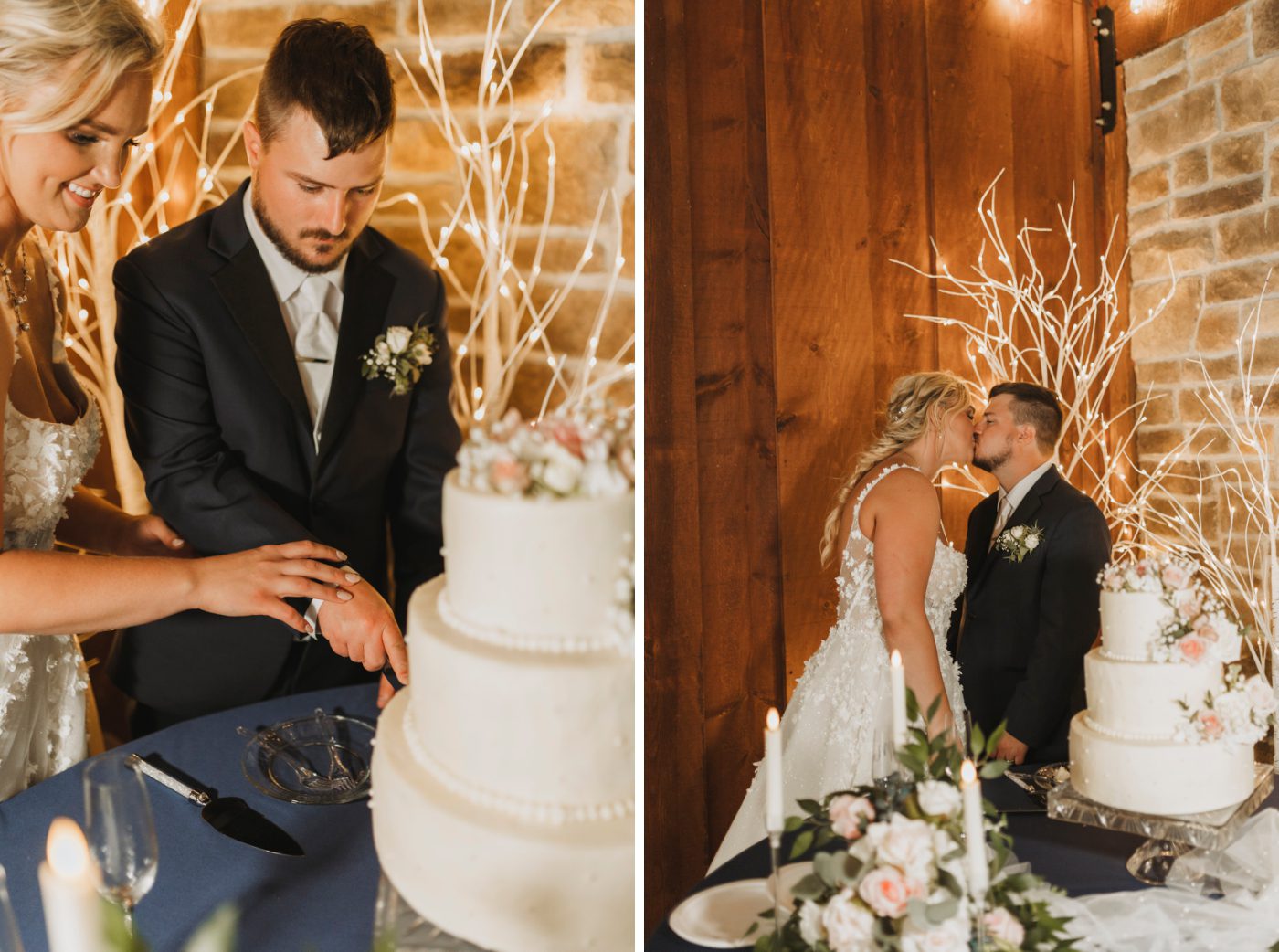 A bride and groom cut a three-tier white wedding cake