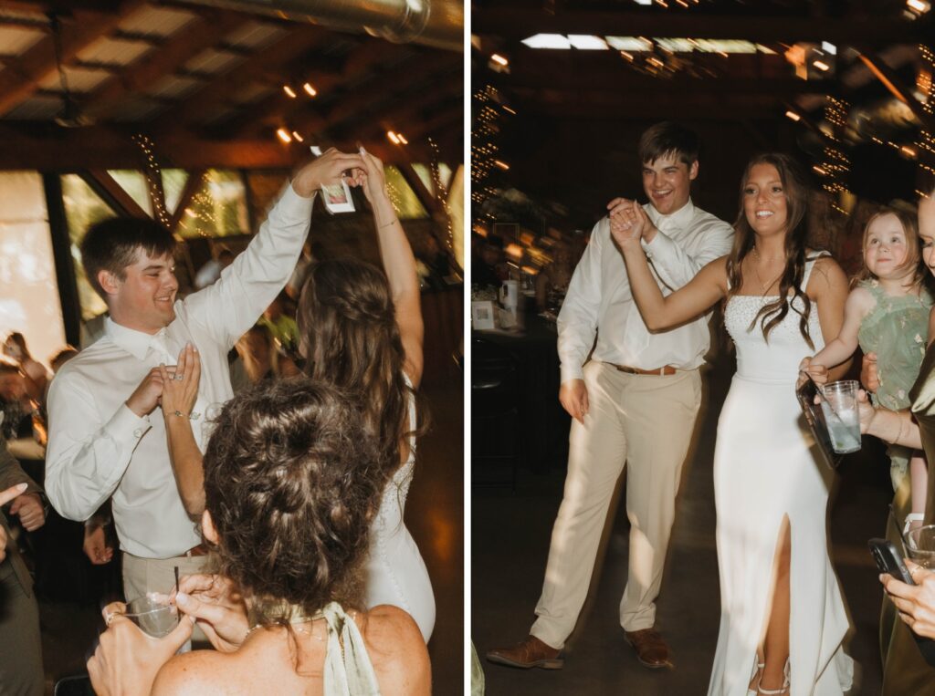 A bride and groom dance during their wedding reception