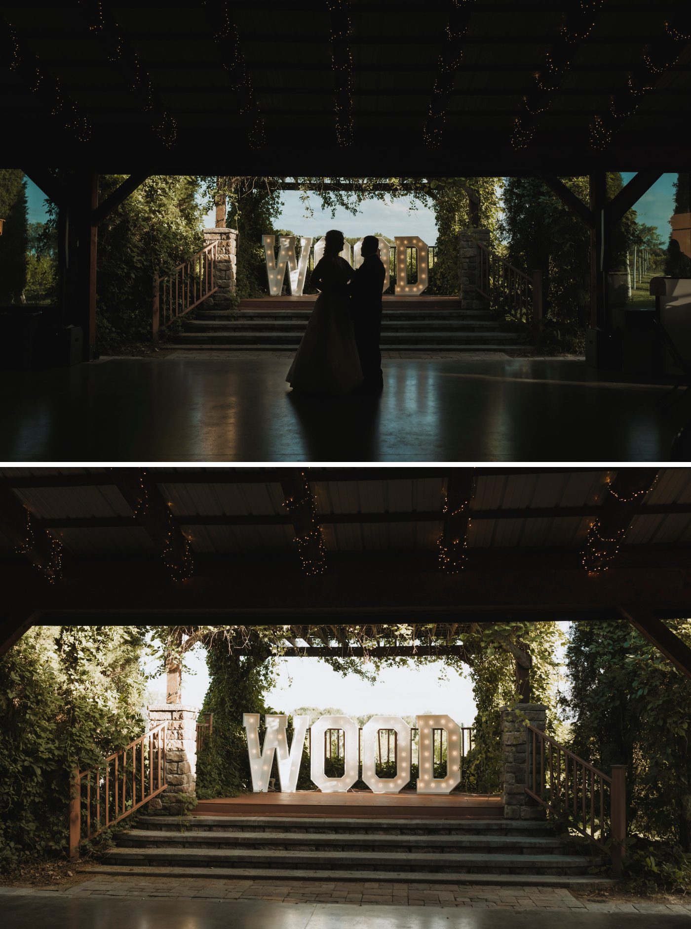 A bride and groom share their first dance during a wedding reception at Moonlight Ridge Vineyards