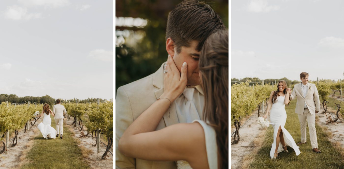 A bride and groom run through the vineyards at Moonlight Ridge Vineyards
