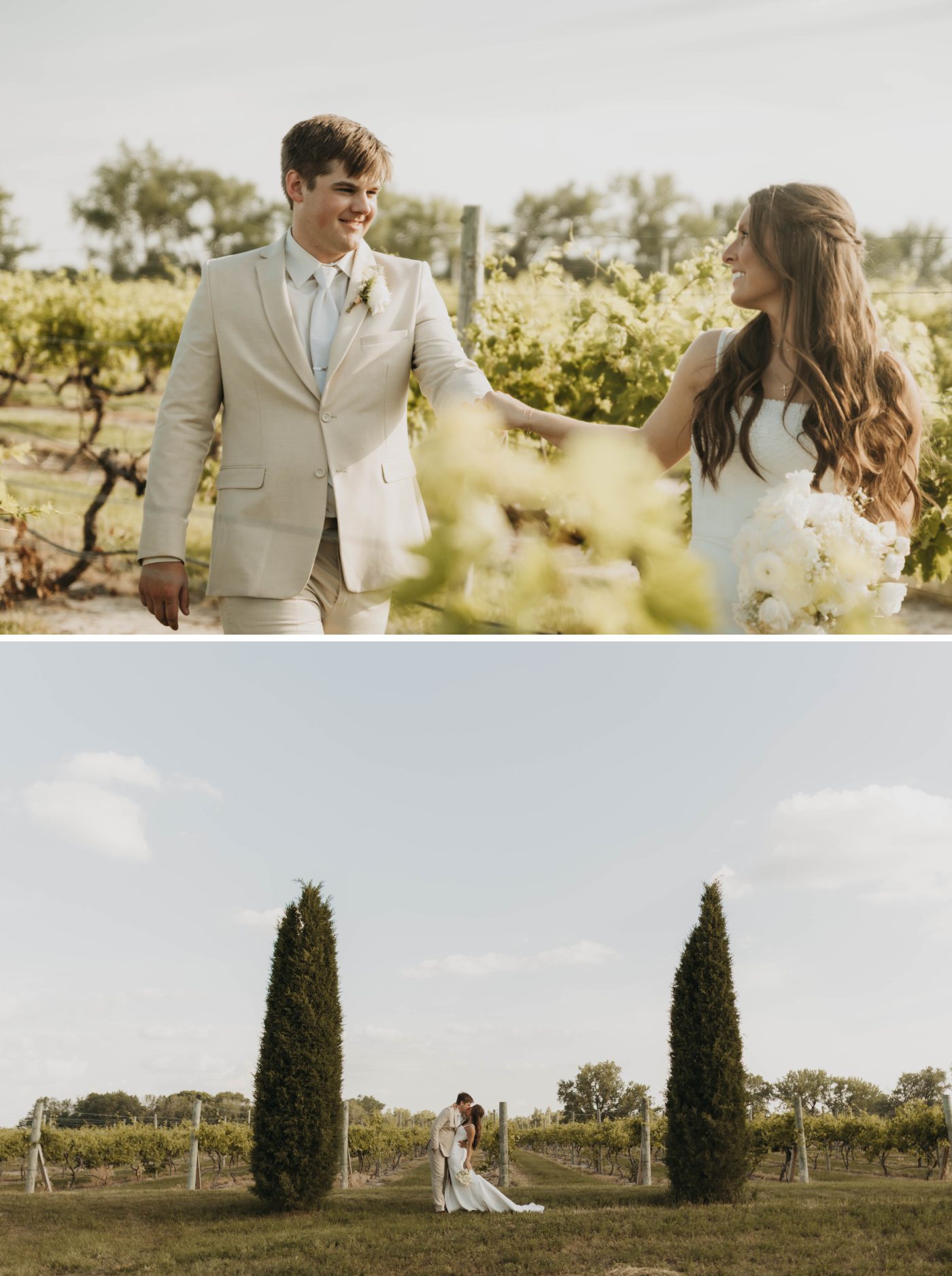 A bride and groom kiss, framed by two tall Cyprus trees
