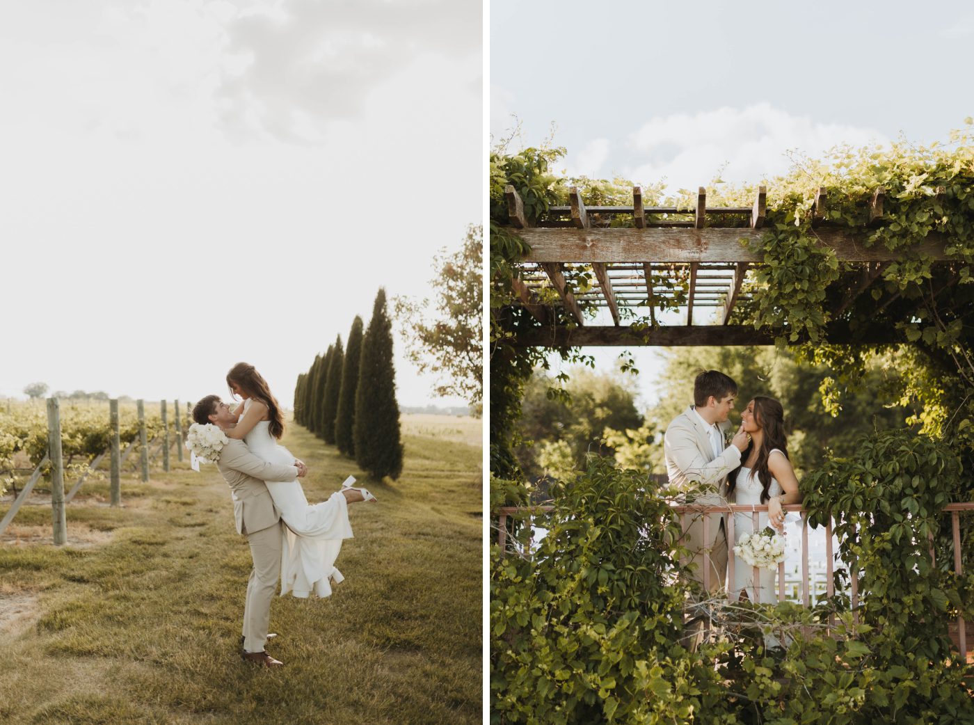 A groom lifts up a bride with the Moonlight Ridge Vineyards in the background