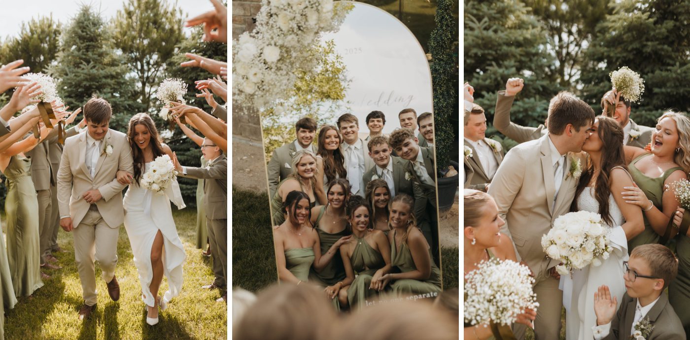 A wedding party in olive green dresses and beige suits surrounds a bride and groom