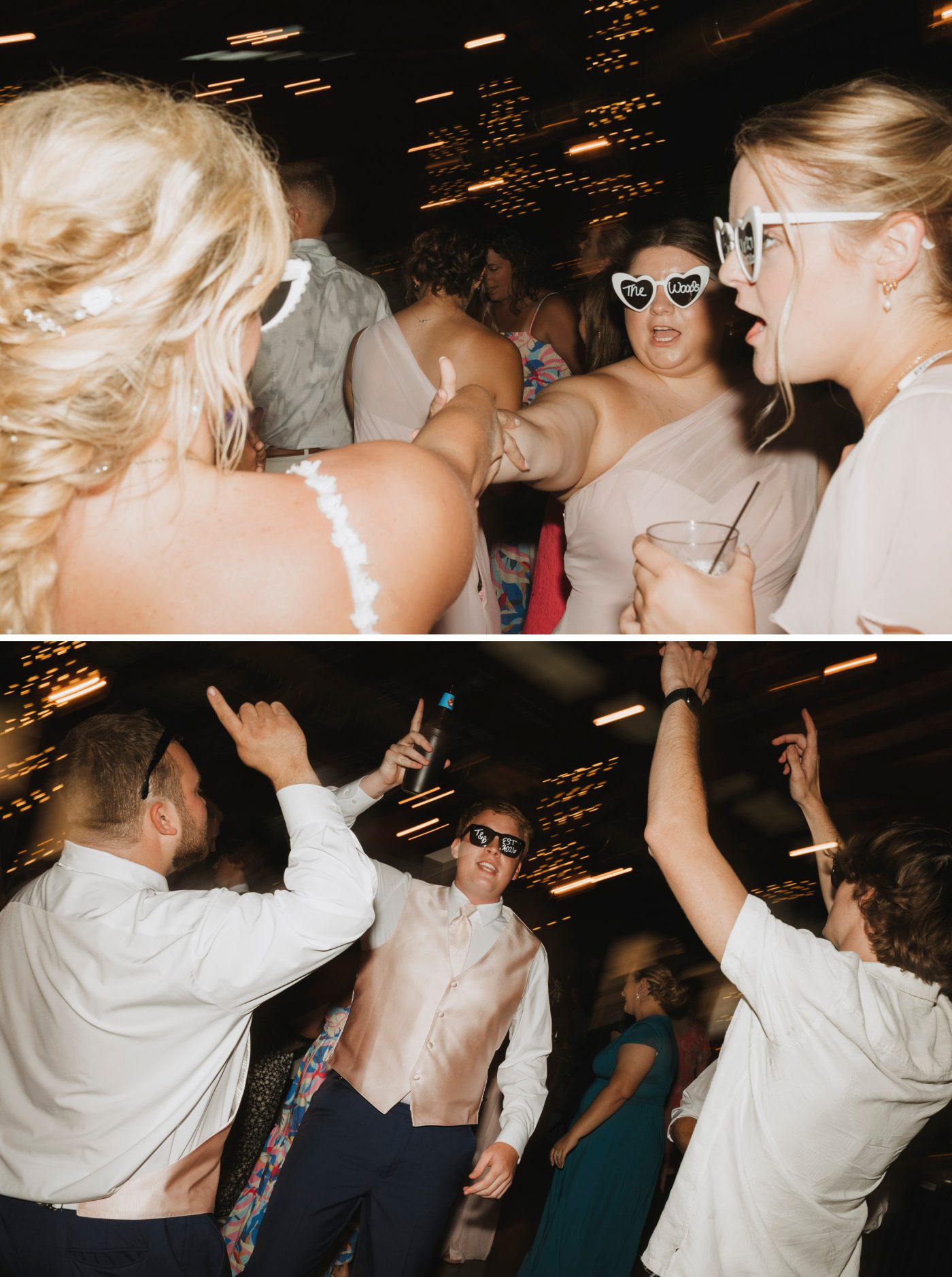 Wedding guests party during a reception in the pavilion at Moonlight Ridge Vineyards