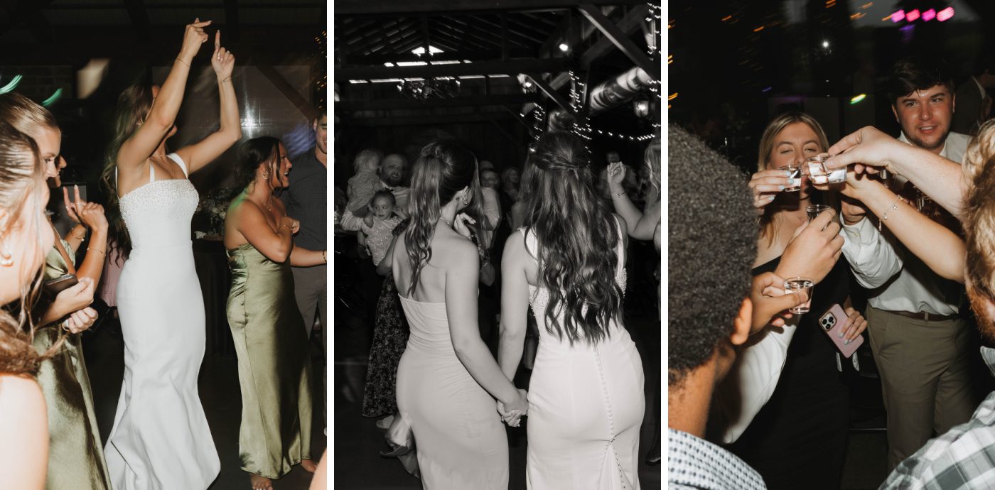 Wedding guests raise whiskey shots during a reception