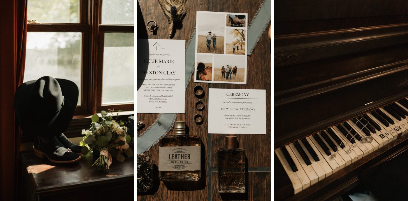 A necklace and rings laid out on the yellowing keys of an old piano