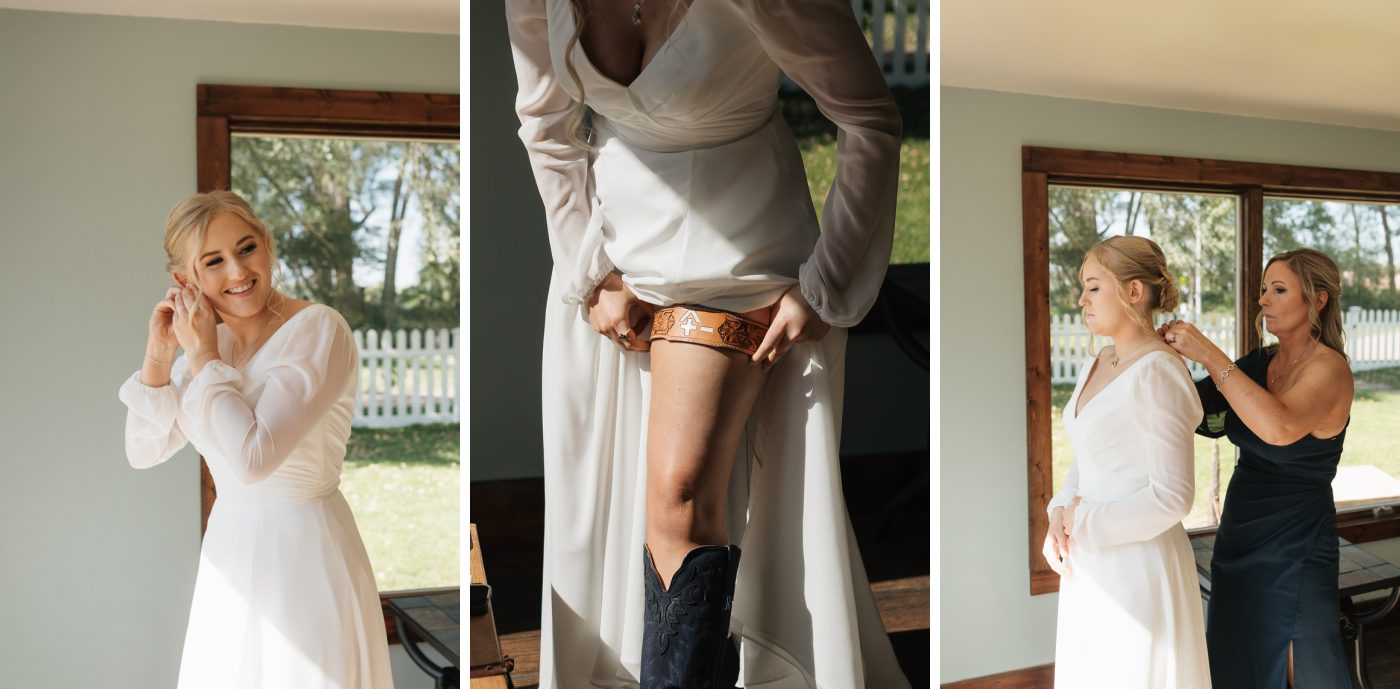 A bride sliding an engraved leather garter onto her leg