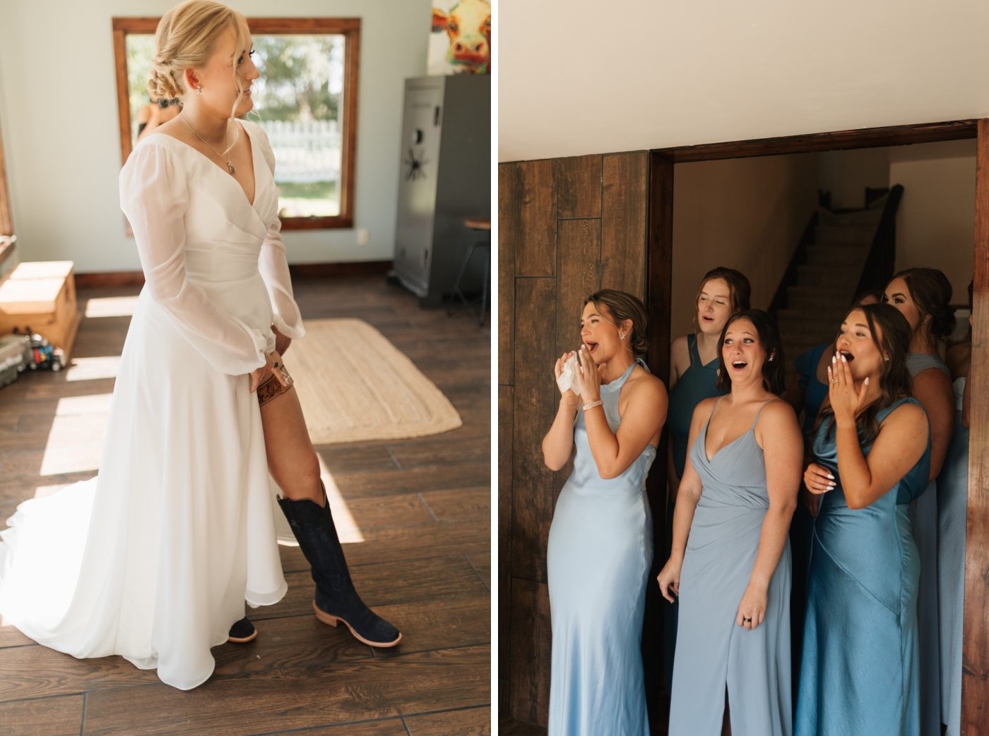 Five bridesmaids in blue dresses react to seeing a bride in her wedding gown
