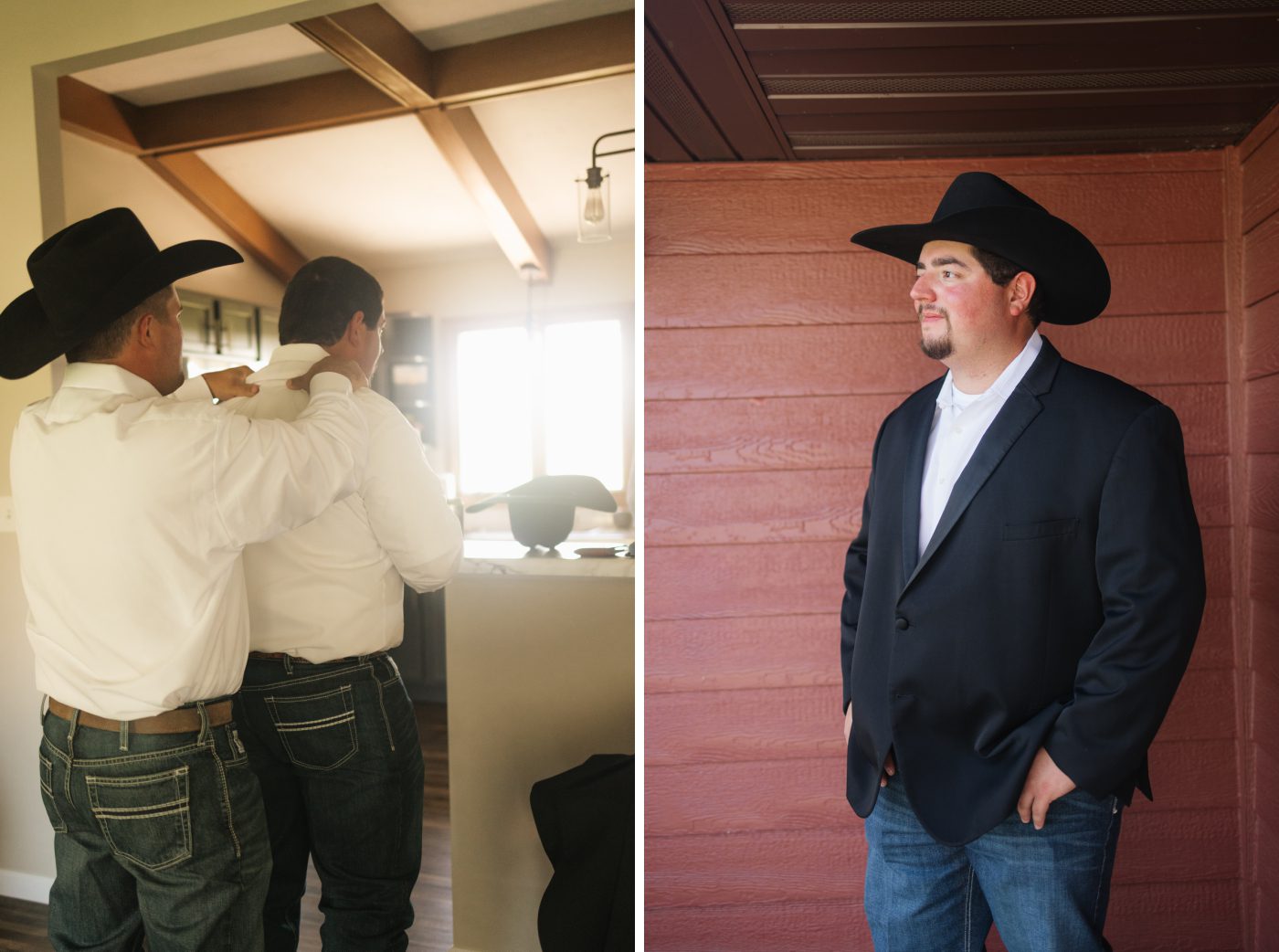 A groom getting dressed for a western wedding
