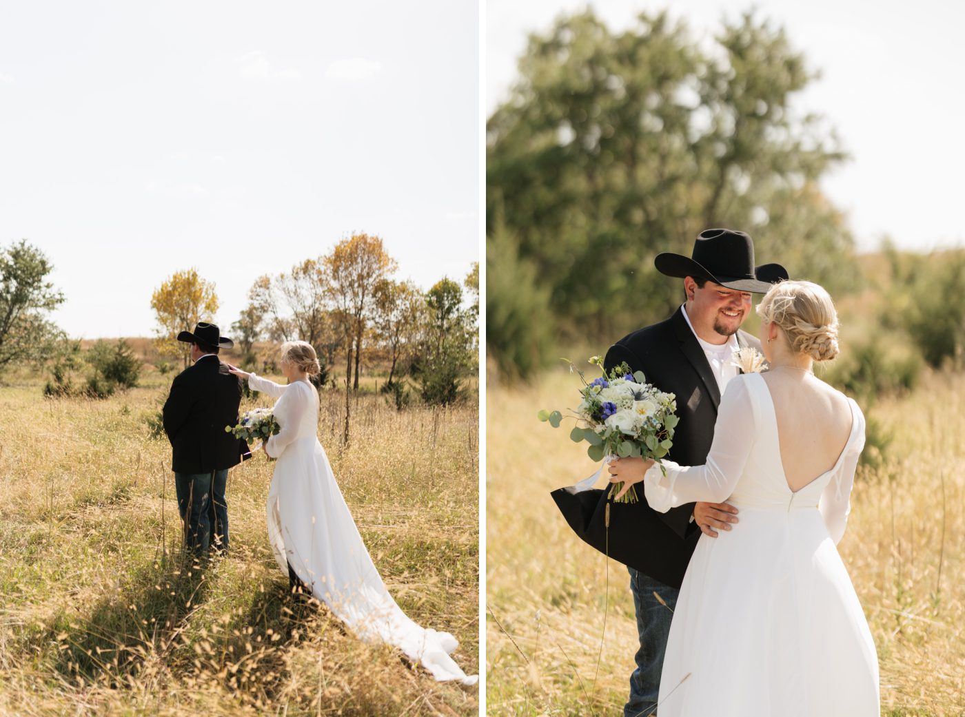 A bride taps a groom on the shoulder during a first look in a sunny field
