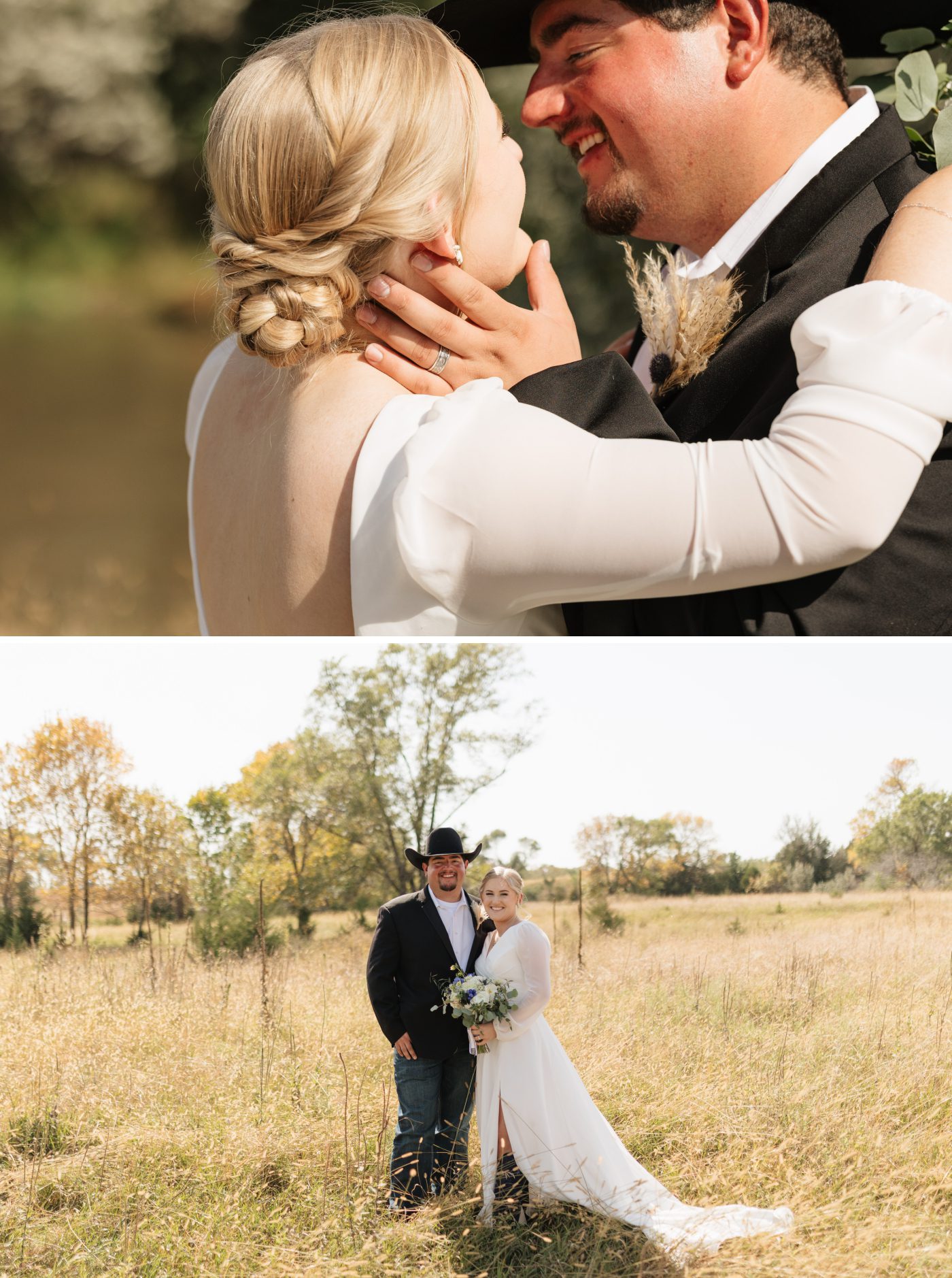 A bride and groom stand in a sunny field of wheat