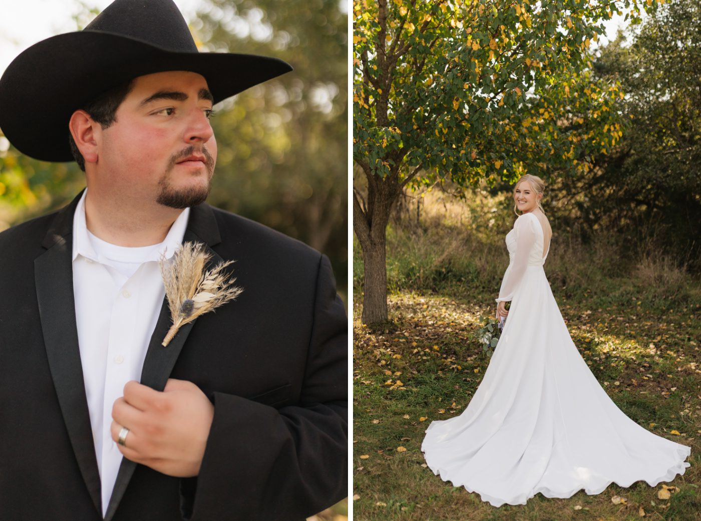 Individual portraits of a bride and groom at a western wedding
