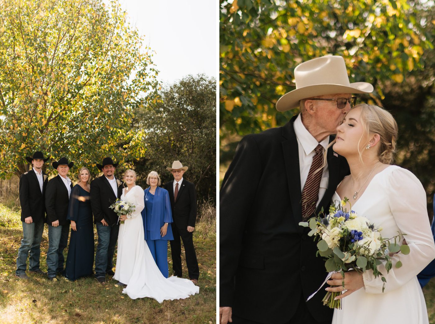An old man in a beige cowboy hat kisses the bride on her forehead