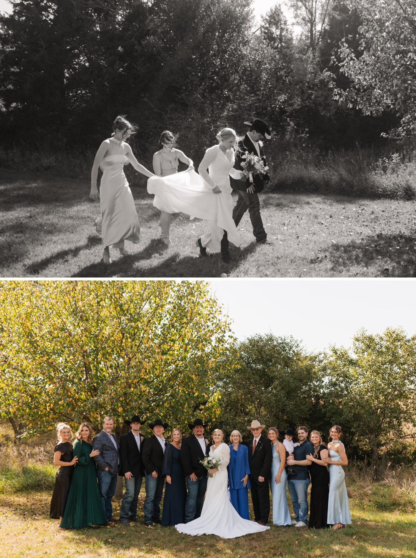 The bride and groom's families surround them in a field