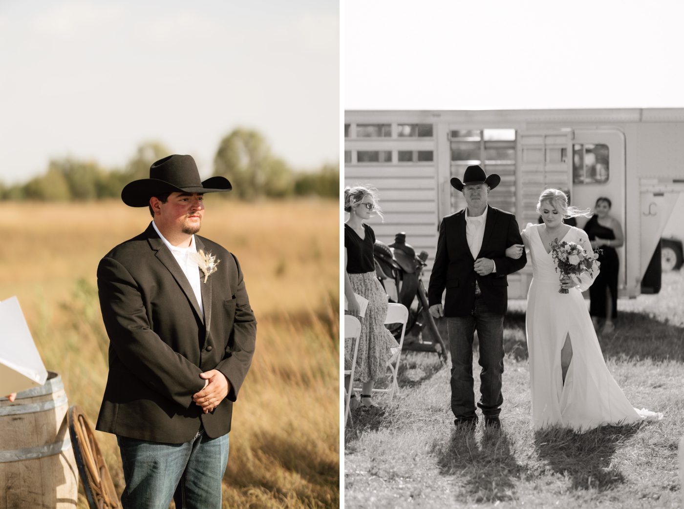 A groom watches the bride walk down the aisle during their western wedding ceremony