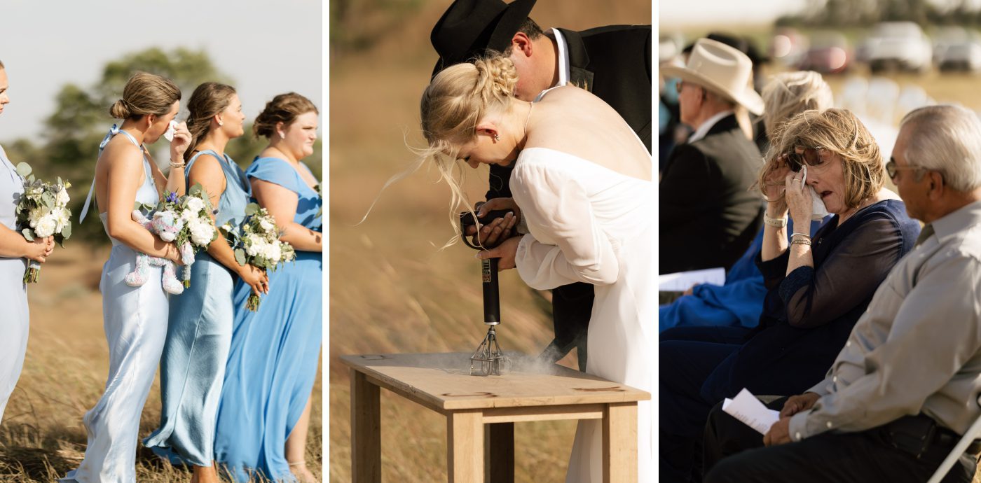 A bridesmaid in a silky blue dress wipes her tears with a tissue
