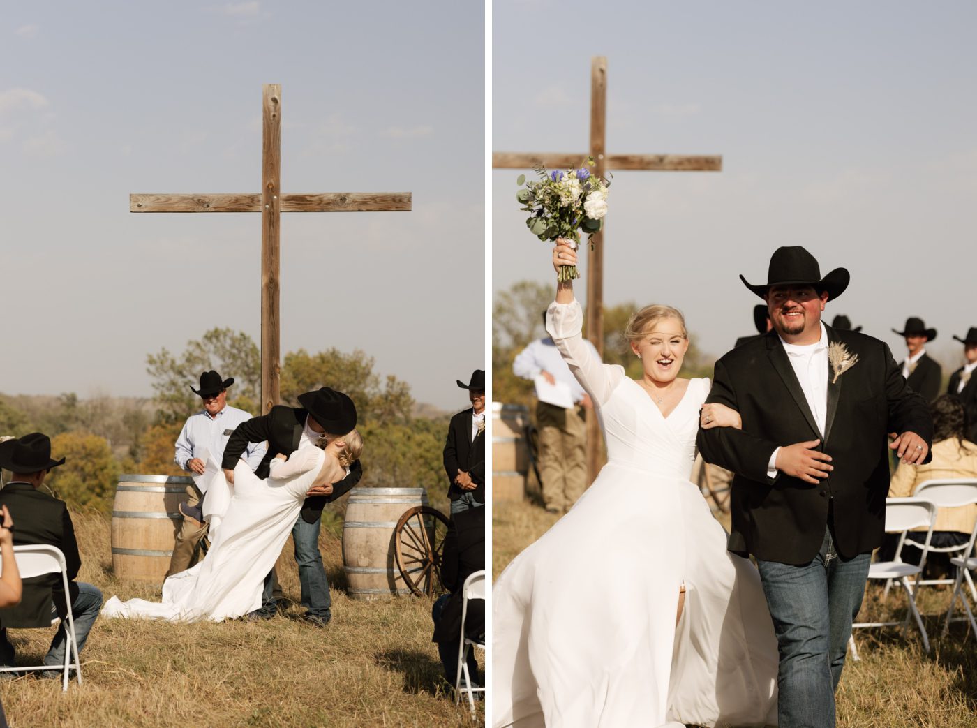 A groom dips the bride to kiss her in front of a large wooden cross