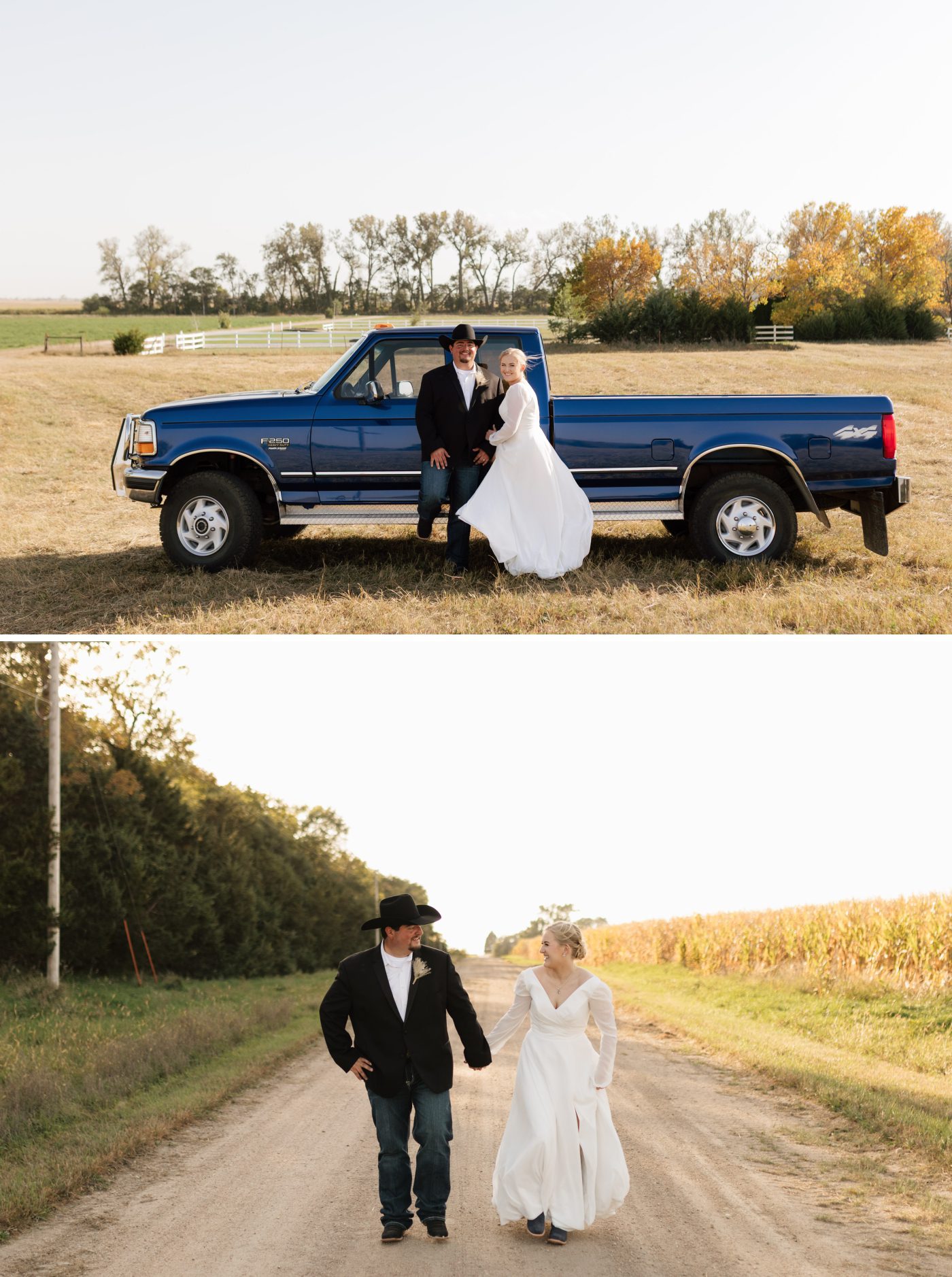A bride and groom stand in front of a large blue pickup truck that's parked in the middle of a field