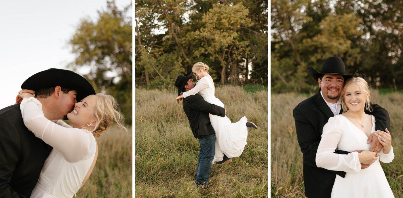 A bride and a groom laughing and embracing in a field during sunset