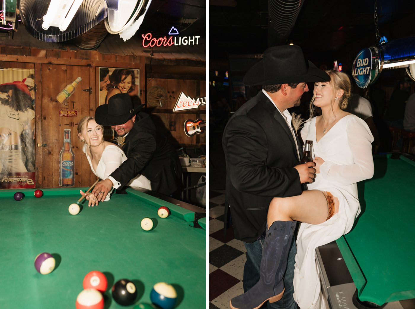 A bride and groom playing pool at a dive bar