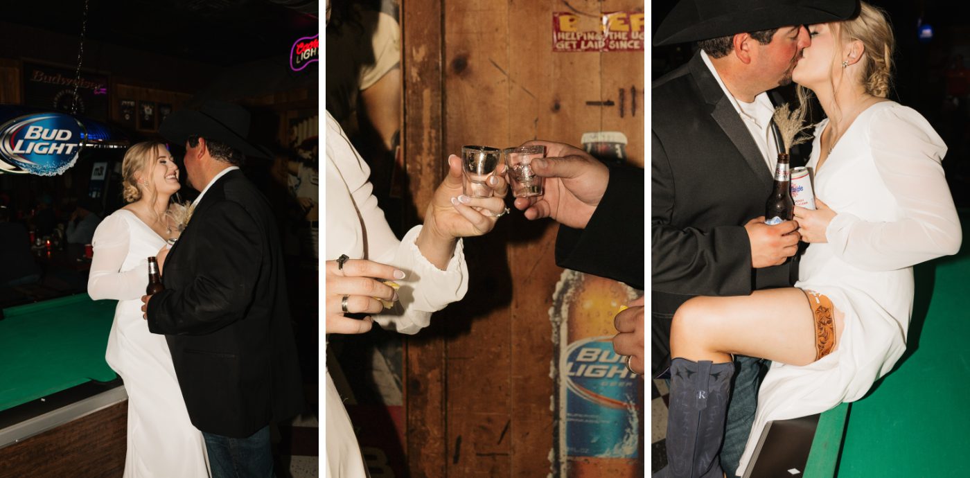 A bride and groom taking shots at a dive bar in Nebraska
