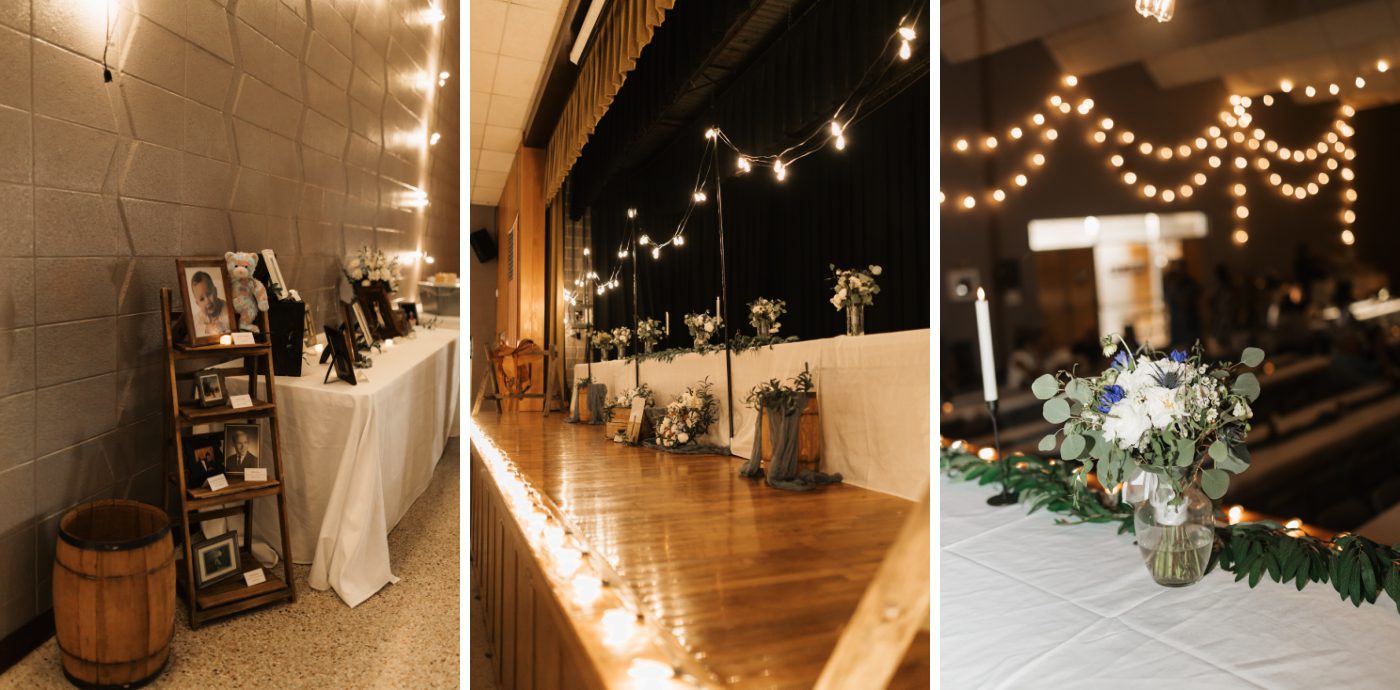String lights, flowers, and barrels decorating the Broken Bow Municipal Building for a wedding reception