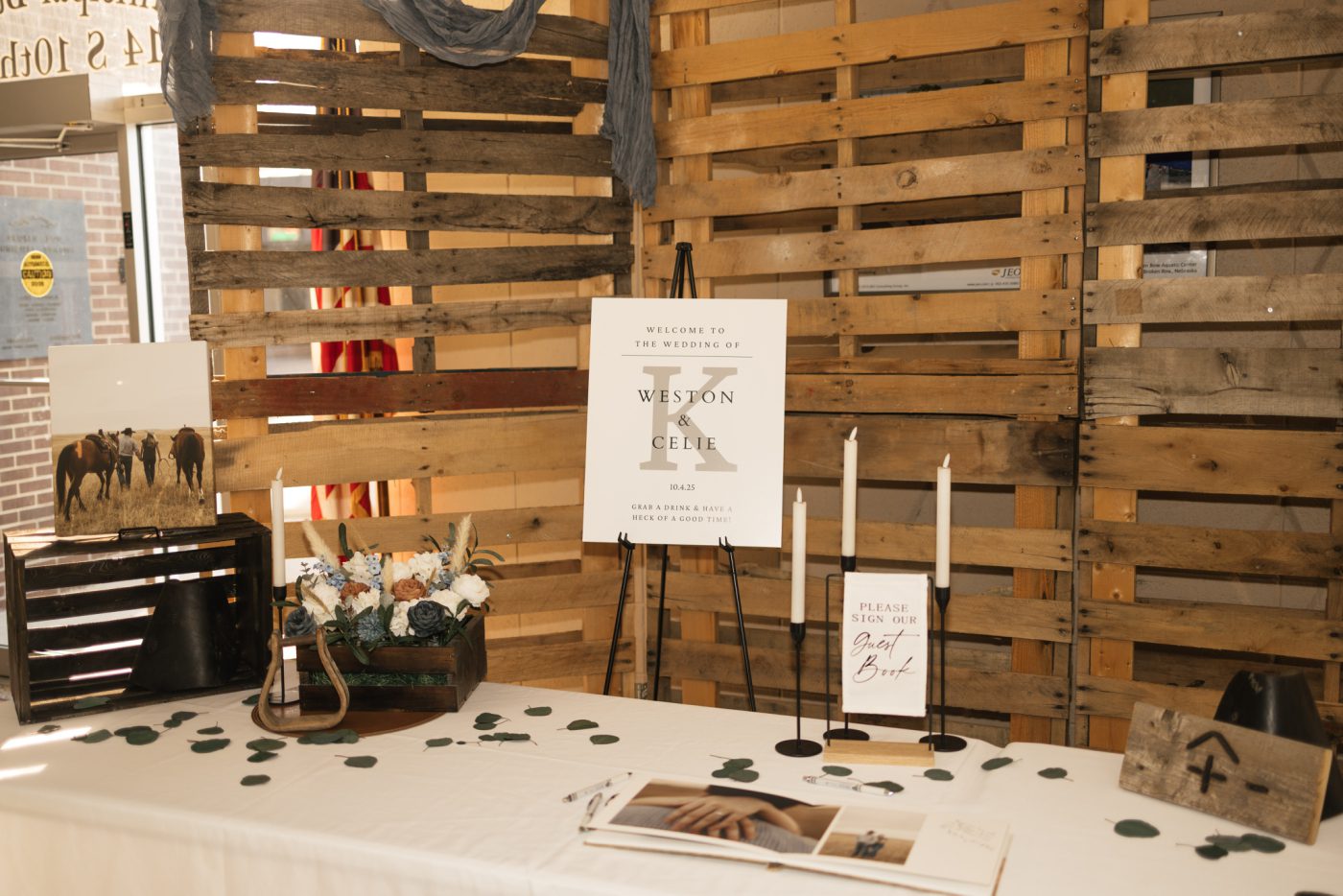 A sign welcoming guests to a western wedding reception at Broken Bow Municipal Building