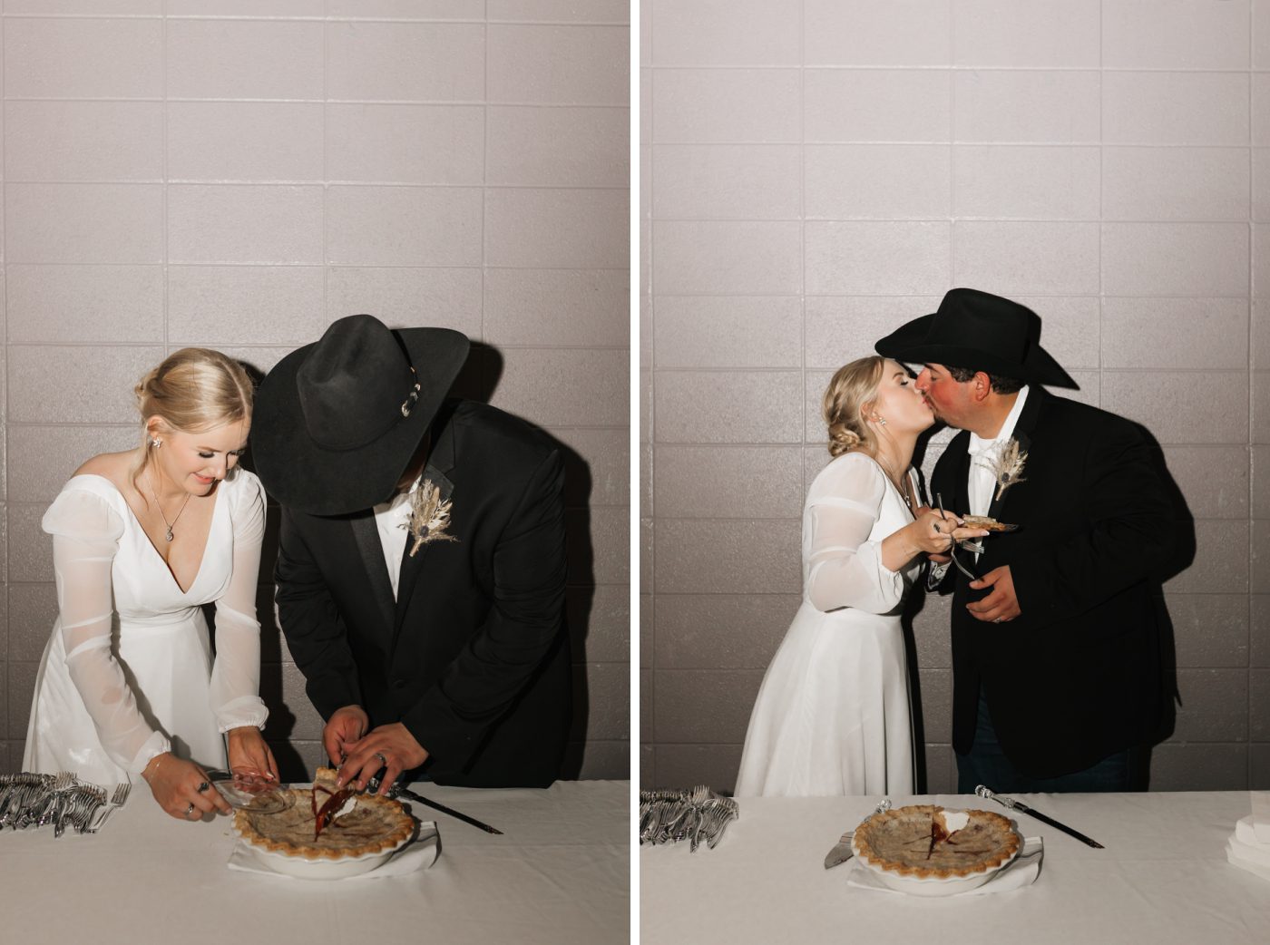 A bride and groom cut a cherry pie as their wedding cake