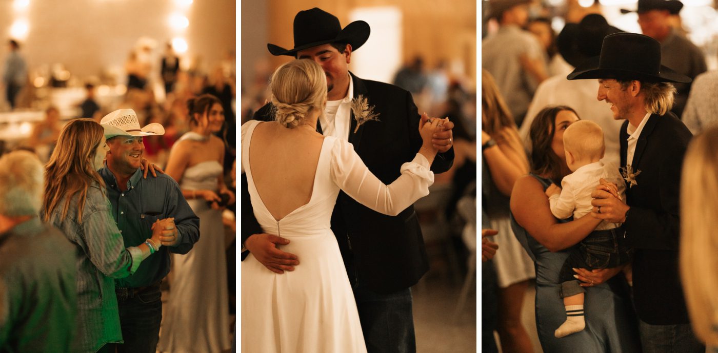 A bride and groom dance during their wedding reception