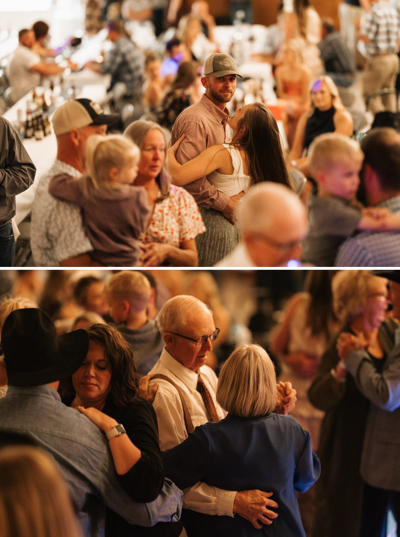 Young adults, children, and elderly wedding guests dance together during a western wedding reception