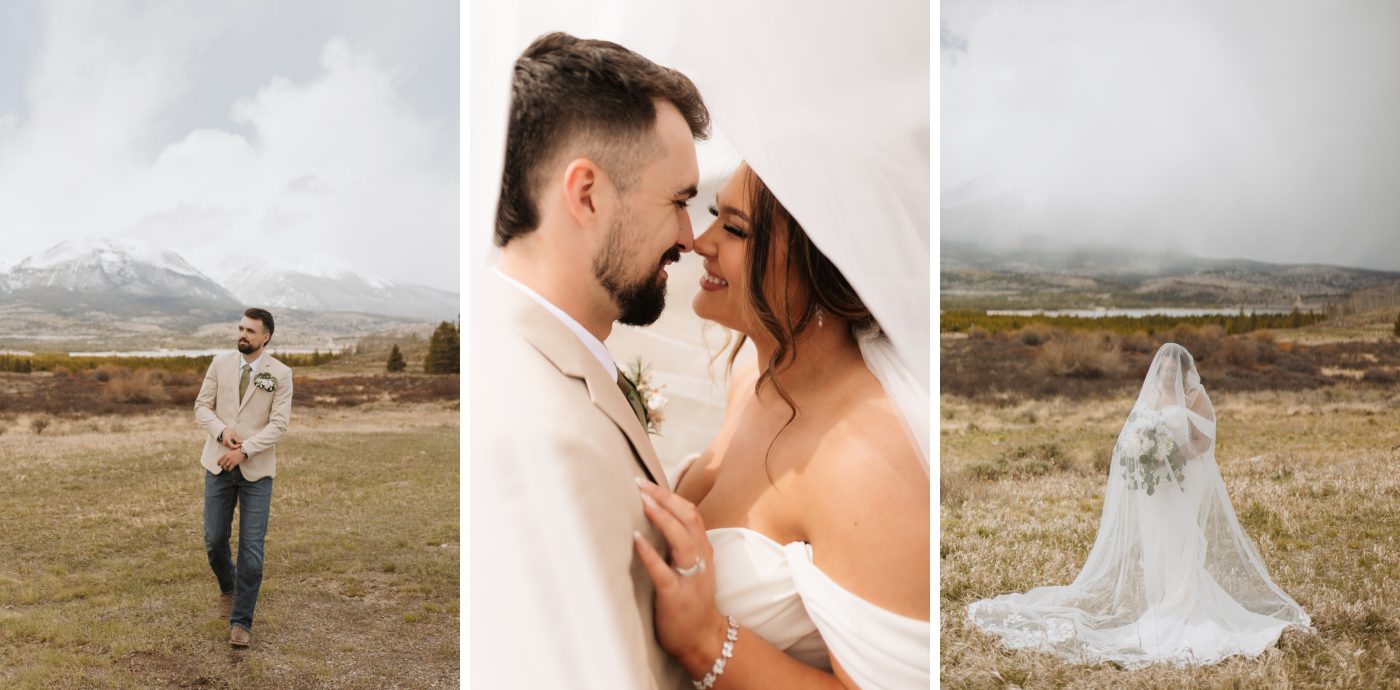 Bride and groom portraits with the Rocky Mountains in the background