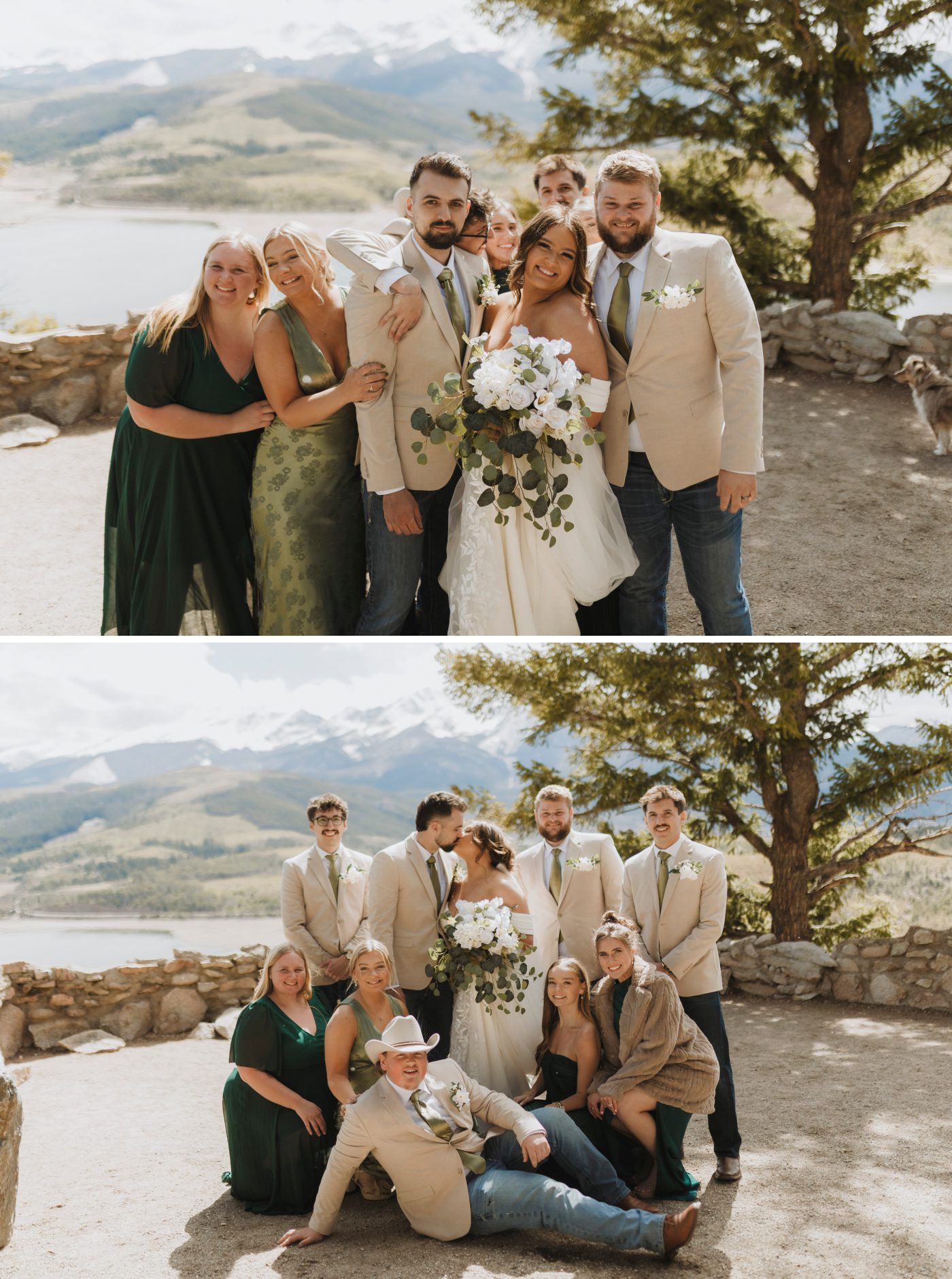 A bride and groom surrounded by their wedding party. The girls wear dark green dresses while the men wear beige suit jackets and jeans