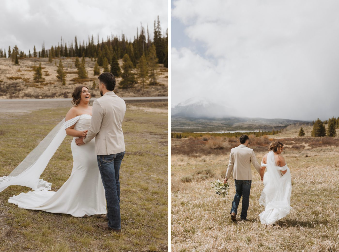 A bride and groom walk across a field with the Rocky Mountains looming behind them