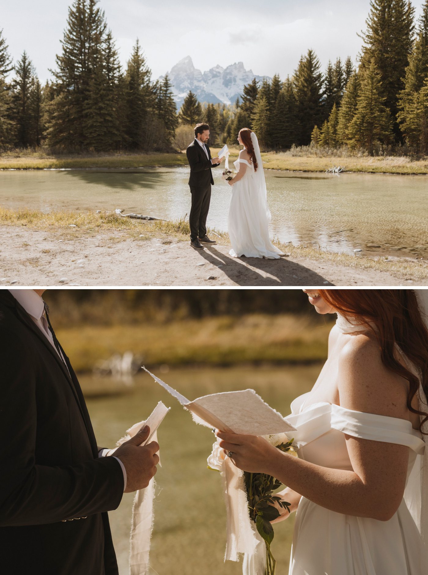 A bride and groom exchange vows in front of the river and snow-capped mountains at Scwabacher Landing