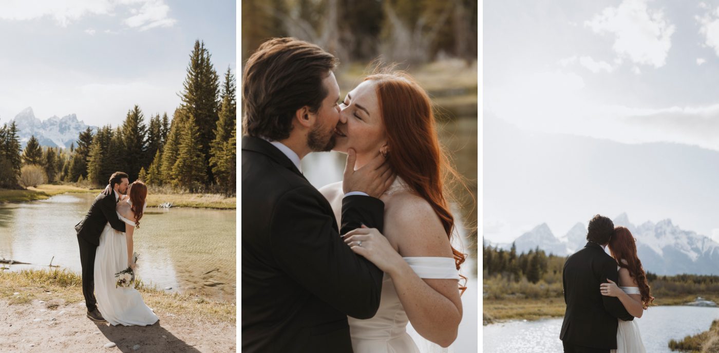 A groom in a black suit kisses a redheaded bride in front of snow-capped mountains at Schwabacher Landing