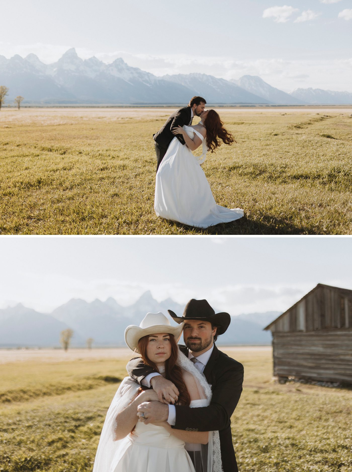 A groom dips the bride and kisses her in the wide open field in front of the Rocky Mountains at Mormon Row