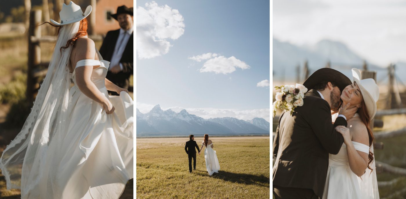 A groom in a black suit with a black cowboy hat kisses a bride in an off-the-shoulder white gown with a white cowboy hat during sunset at Mormon Row, an old farmstead