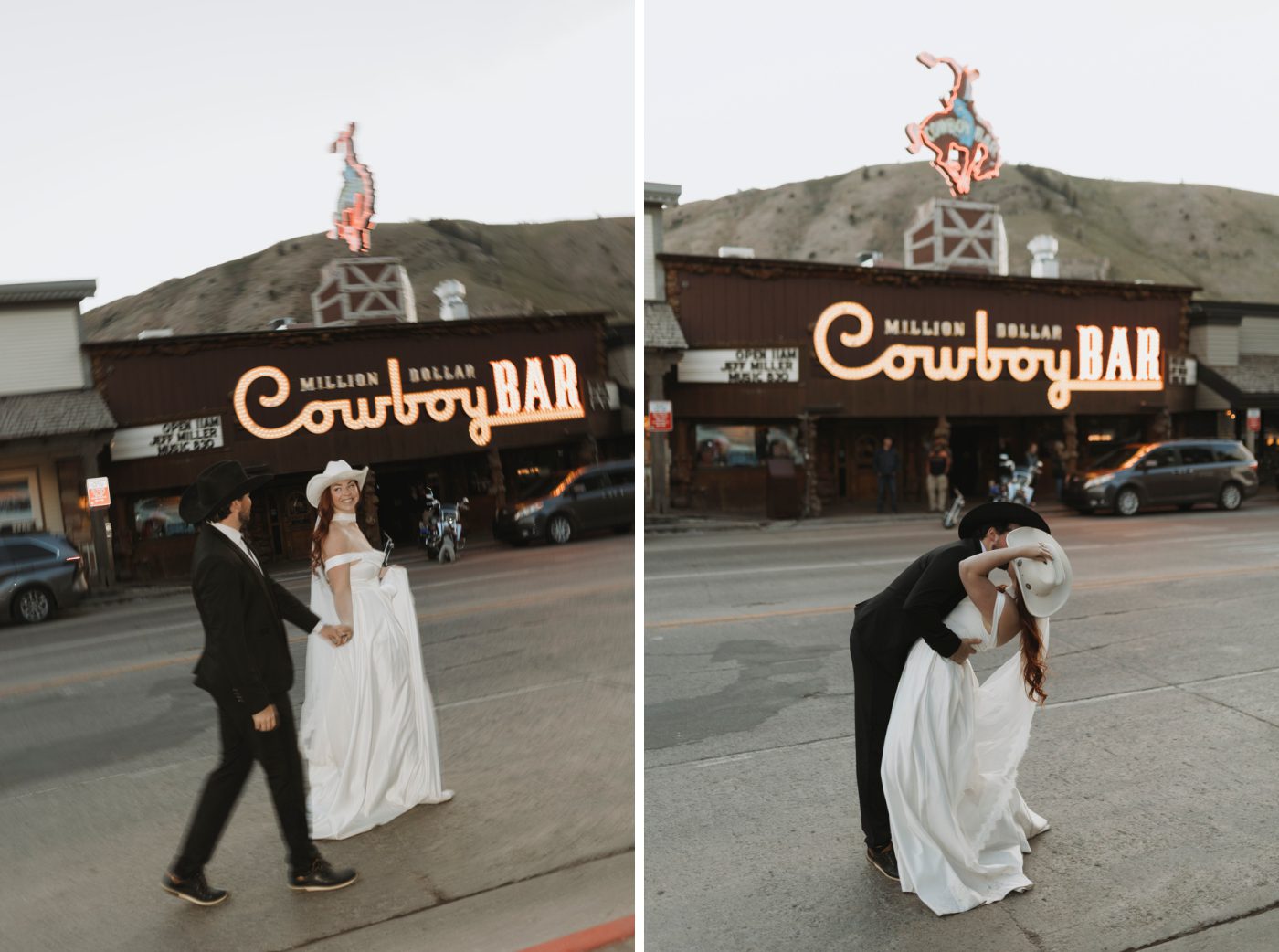 A bride and groom walk along the street in front of the Million Dollar Cowboy Bar in Jackson Hole, Wyoming