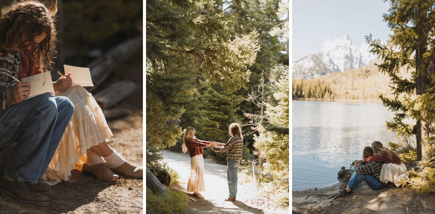 A couple in comfy sweaters sits on the shore of String Lake and writes their vows