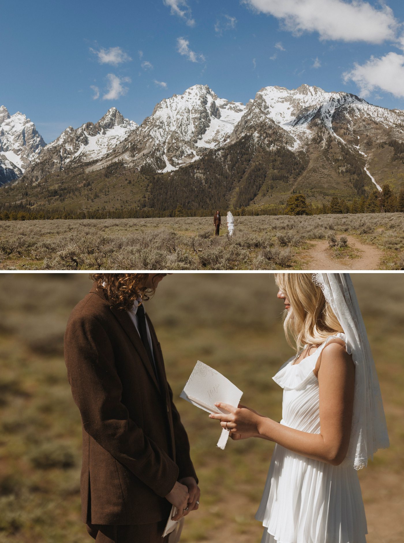 A bride and groom exchange vows in front of the Teton Mountains at Mountain View Turnout