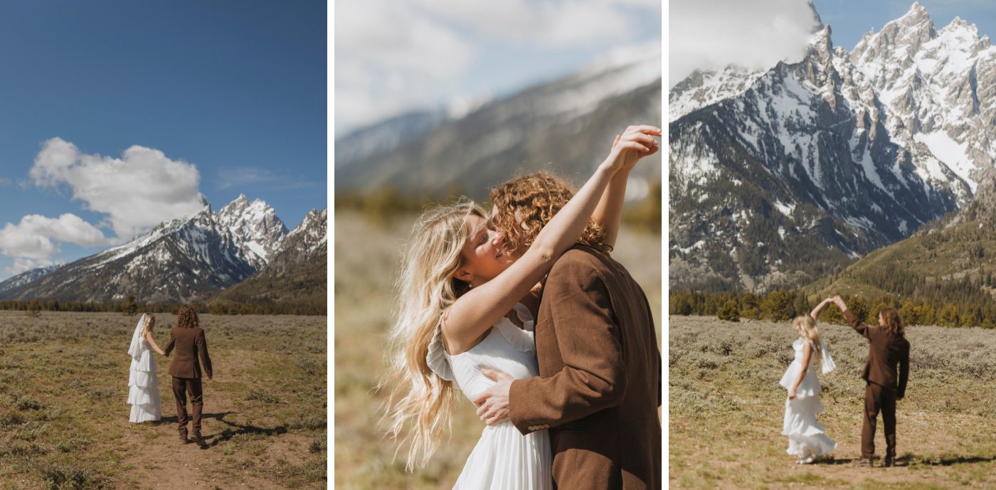 A bride flings her arms around the grooms neck as he embraces her in front of the Teton Mountains