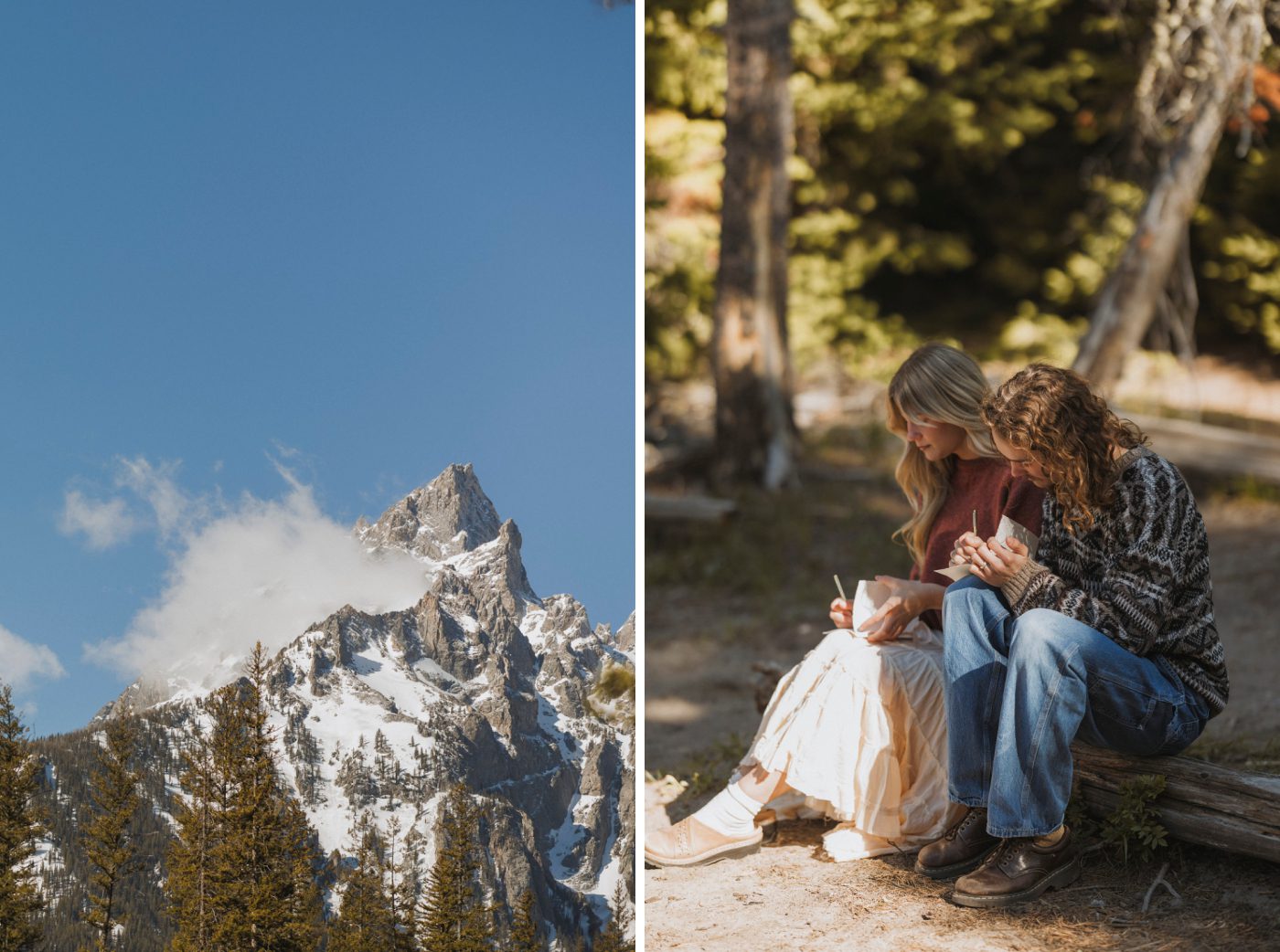 A cloud partially obscures the jagged peaks of the Teton mountains while a couple sits on a log and writes their vows to one another