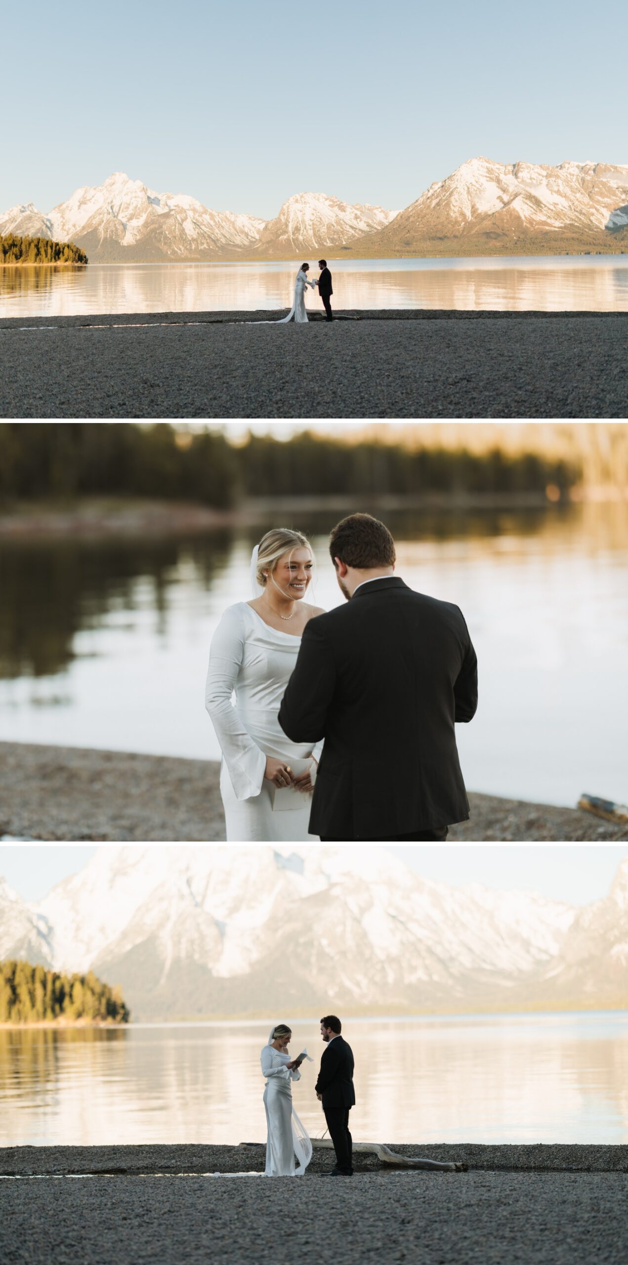 A private mountain wedding ceremony on the shores of Colter Bay with the snow-capped peaks of the Teton Mountains in the background