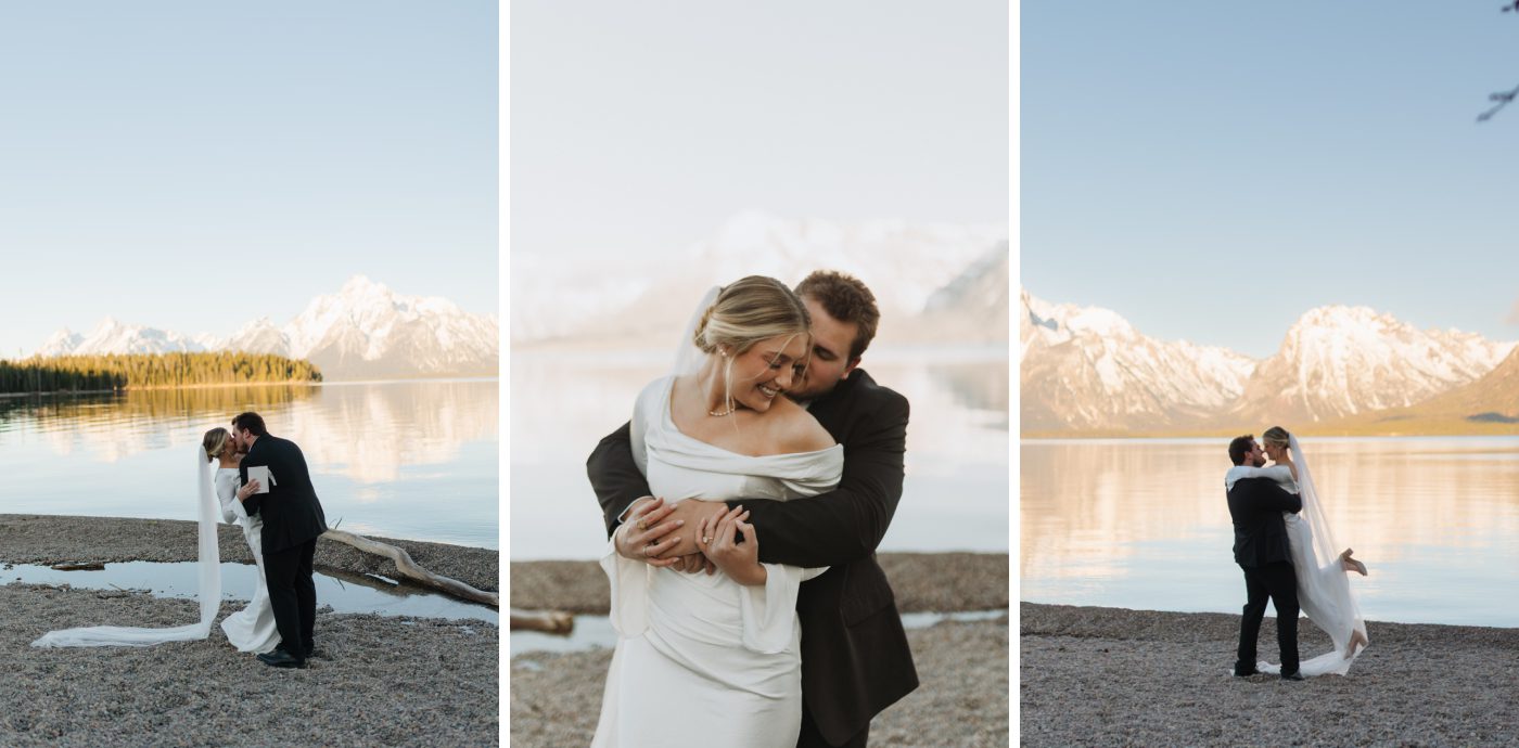 A bride and groom embrace on the rocky shores of Colter Bay